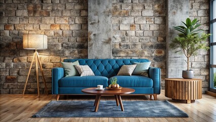 Modern Loft Living Room with Elegant Blue Velvet Sofa and Wood Stump Table against Stone Wall