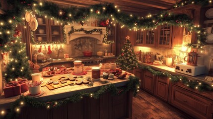 A festive kitchen with a holiday baking setup, including gingerbread cookies and hot chocolate. The kitchen is decorated with garlands, twinkling lights, and a small, decorated tree in the corner.