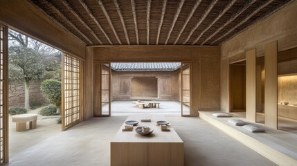 Fototapeta premium Modern Minimalist Interior Design with Wooden Beams and Open Courtyard