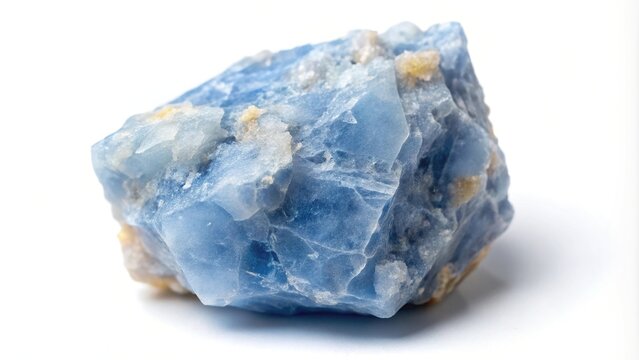Mineral specimen of angelite on white background, high angle view