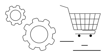 Shopping cart and gear symbols in simple line art. Ideal for e-commerce, automation, retail management, efficiency, and technology. Clean and modern visual style