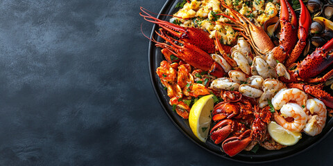 Seafood Platter with lobster, shrimp, and other seafood, accompanied by lemon slices.
