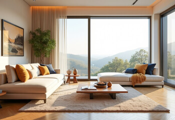 Obraz premium stylish living room with a large bright window and designer furniture