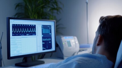 A sleep specialist reviewing sleep study results on a computer screen in a sleep clinic, with polysomnography equipment and data charts visible, Analytical style