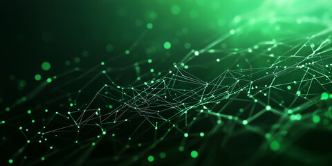 Obraz premium A polygonal wallpaper with green tones, depicting a complex web of lines and nodes connected in a futuristic network, representing data exchange and high-tech communication.