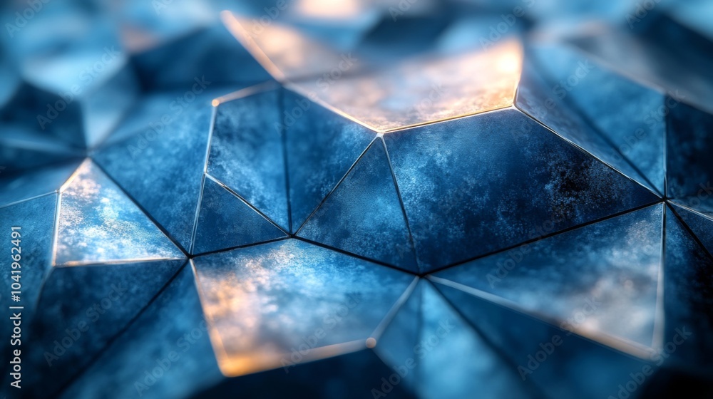 Poster the artwork showcases a complex arrangement of blue metallic shapes, their reflective surfaces catch