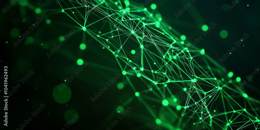 Poster a glowing green network grid overlaid on a dark background, with particles pulsing along the connect