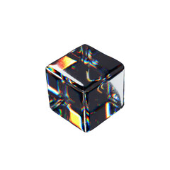3d render glossy cube. Vector three-dimensional illustration. Glassmorphism crystal design. Abstract shape glasses. Realistic transparent element rainbow gradient. Hologram diamond refraction prism.