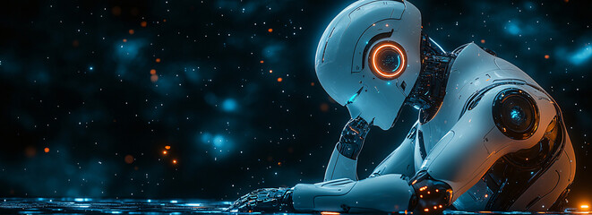 A sleek, futuristic humanoid robot in deep thought, ideal for AI tech promotions, innovation blogs, and sci-fi themed events, emphasizing technology evolution.