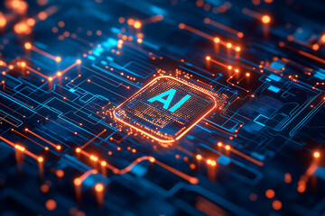 AI, Machine learning, AI chips with digital circuit lines around them. themes of artificial intelligence, computing, and digital transformation.