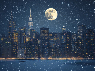 Moonlit Manhattan: A Snowy Night in New York City