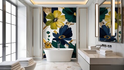 Elegant bathroom with artistic wallpaper and sleek contemporary finishes
