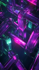 Dynamic tessellation with vibrant gradient fills in neon green and purple, abstract geometric shapes interlocking perfectly, smooth light transitions, glowing edges, high contrast between colors,
