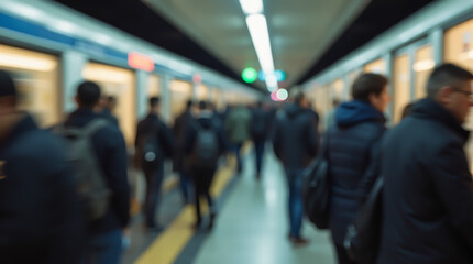 A crowd of people in an underground passage are rushing about their business. In the passage tunnel near the walls there are trading pavilions