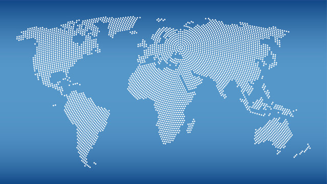 World map with radial dot pattern on steel blue background. White dots going from the center outwards and form the silhouette of the surface of the Earth except Antarctica under Robinson projection.