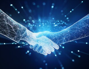 Two hands shaking in a futuristic digital style. Each hand is formed by interconnected nodes and lines, representing technology or a virtual connection Ai Generated Image