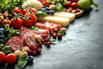 Colorful arrangement of meats, cheeses, and fruits on a rustic table for a gourmet feast