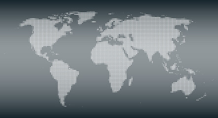 Silhouette of the world with white halftone dots, varying in size and spacing, on gray gradient. Map of the world except Antarctica. Dotted outline and surface of the Earth under Robinson projection.
