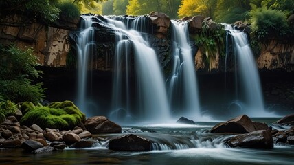 Obraz premium a beauty of a cascading waterfall surrounded by lush greenery. The water falls from a great height, creating a powerful and mesmerizing spectacle.