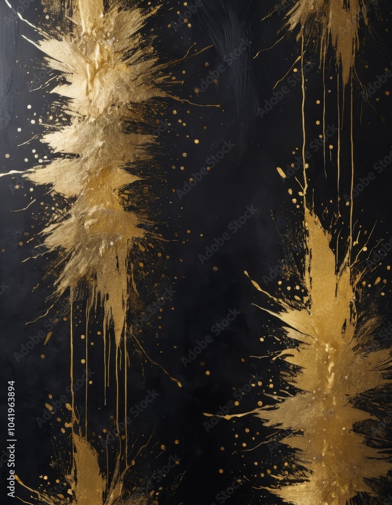 Poster golden splashes emerge from a deep black backdrop, forming an intriguing abstract design that captiv
