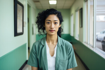 A tired asian nurse is standing in a hospital hallway after hard working day, copy space 