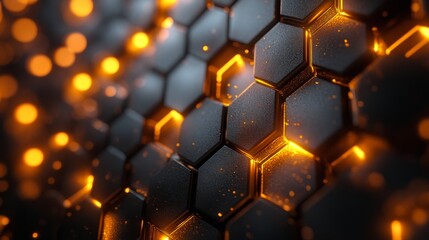 A striking digital design showcases a hexagonal pattern with glowing orange accents. The vibrant elements create a captivating contrast against a dark backdrop, emphasizing depth and texture.