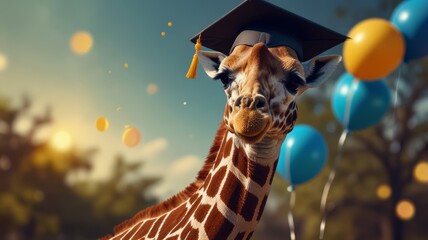 A cheerful giraffe in a graduation cap, joyfully colorful balloons to celebrate its big day.