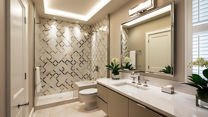 Elegant bathroom with bold wallpaper and high-end modern finishes