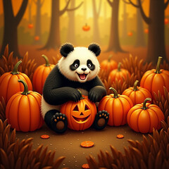 Cute Panda Bear Holding a Jack-o'-Lantern Pumpkin