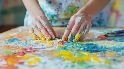 Obraz premium Close-up of a person's colorful hands creating art on a messy tabletop.