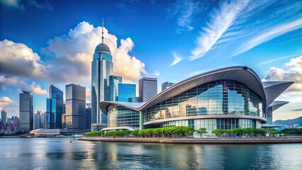 Modern architecture of Hong Kong Convention and Exhibition Centre viewed from a low angle