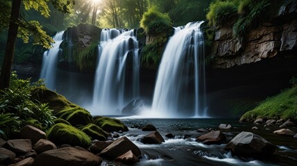 Fototapeta premium a beauty of a cascading waterfall surrounded by lush greenery. The water falls from a great height, creating a powerful and mesmerizing spectacle.