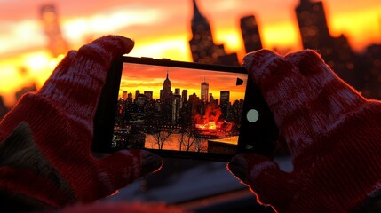 A person captures a stunning sunset over the city skyline with a smartphone.
