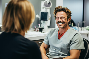 A dentist smiles while talking to a patient in a dental office, copy space