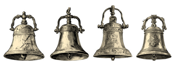 Vintage bell illustrations isolated on transparent background, classic ornate bells ideal for historical decor and antique themes, PNG