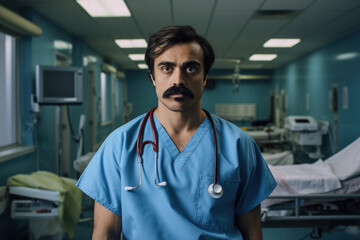 A tired muslim doctor in a hospital ward after successful surgery surrounded by medical equipment