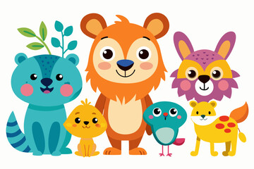 Obraz premium Whimsical Cartoon Animals with Bright Colors on White Background