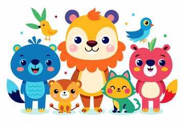 Whimsical Cartoon Animals with Bright Colors on White Background