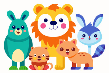 Whimsical Cartoon Animals with Bright Colors on White Background