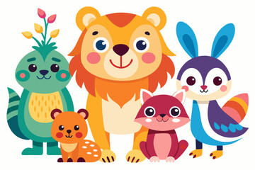 Fototapeta premium Whimsical Cartoon Animals with Bright Colors on White Background