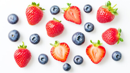 Fresh Strawberries and Blueberries on White Background - Summer Fruit Pattern