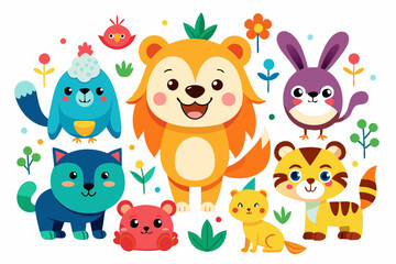 Whimsical Cartoon Animals with Bright Colors on White Background