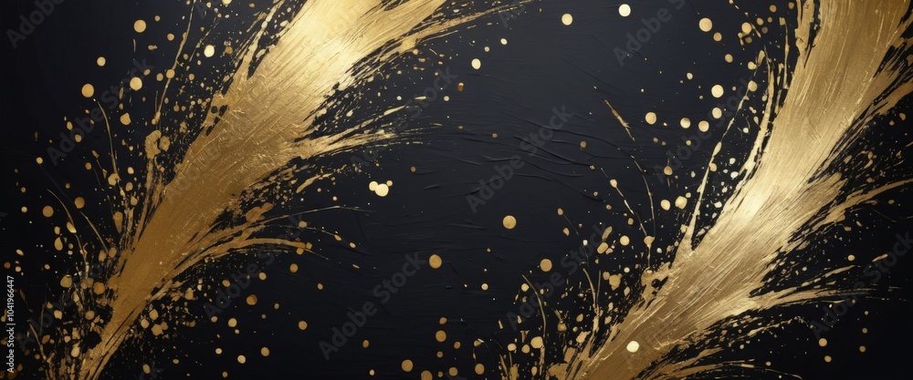 Poster a mesmerizing composition unfolds with shimmering golden splashes and delicate dots against a rich b