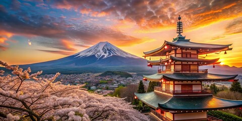 Fototapeta premium Mount Fuji at Sunrise Over Japanese Cityscape – Scenic Beauty and Tranquility
