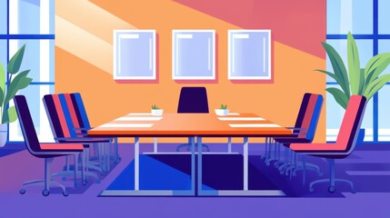 Naklejka premium Modern conference room with a large table and colorful chairs.