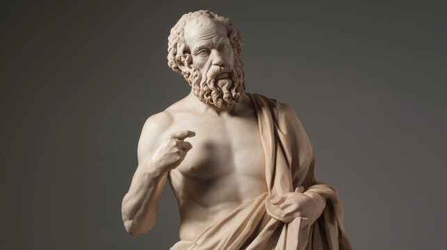 A highly detailed sculpture of Socrates with deep, contemplative eyes, his weathered face etched with wisdom, draped in traditional Greek robes, standing as a symbol of ancient phi