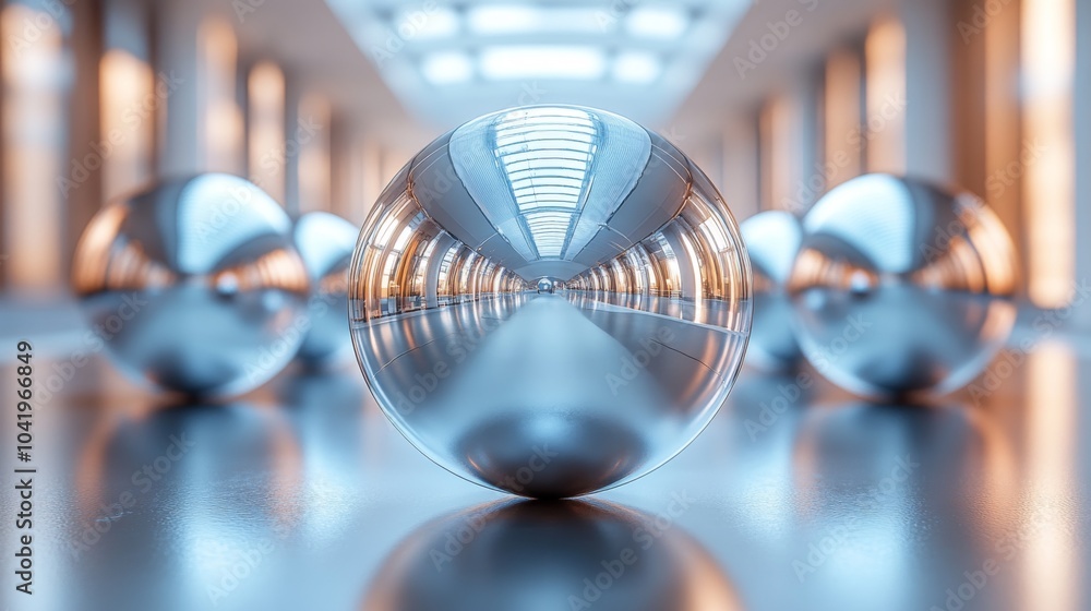 Poster Several shiny spheres are placed in a polished hallway filled with natural light. The reflections create intriguing patterns on the surfaces around them.