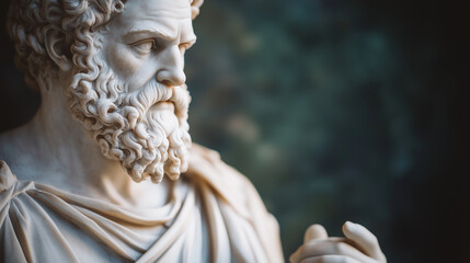 Obraz premium A close-up of a marble statue of Socrates, his wise and reflective face highlighted by soft shadows, with the fine details of his flowing Greek tunic evoking the essence of classic