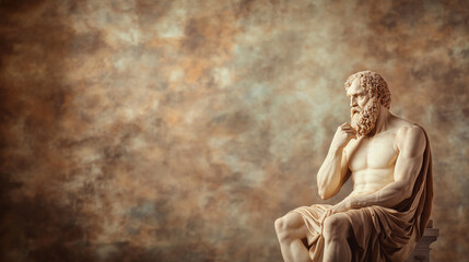 A classical statue of Socrates, standing in a contemplative pose, with detailed attention to the texture of his beard, his expressive face, and the folds of his ancient Greek attir