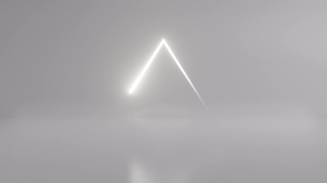 Podium with a bright white triangle in rotation swirling around glowing on white background. Futuristic showcase with platform for product display. Presentation on empty stage. 3d animation loop 4K